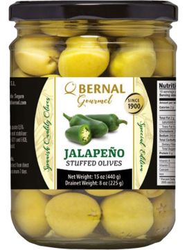 Оливки зеленые Bernal фаршированные халапеньо 436г (250г)